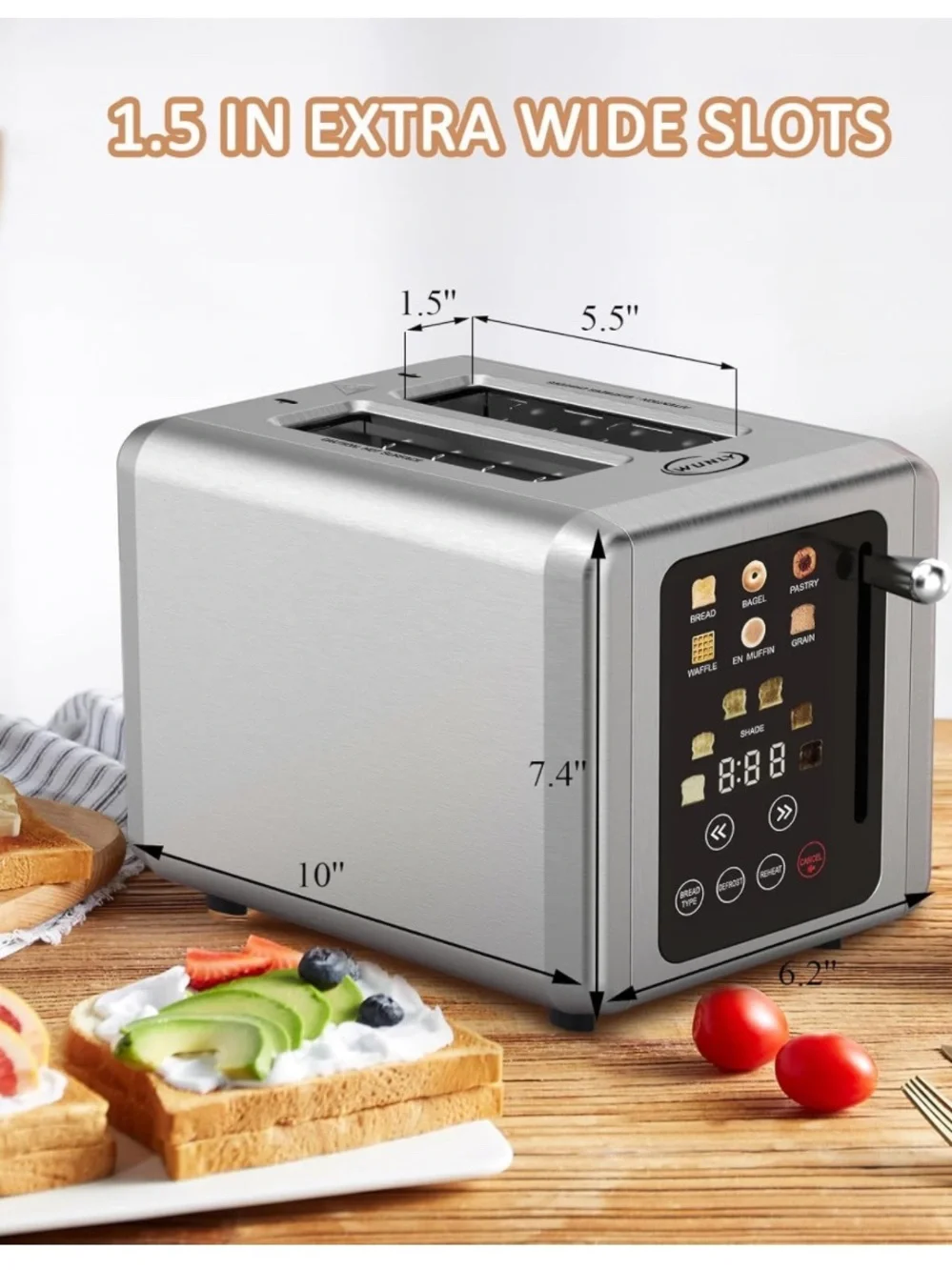 Wunly screen Toaster 2 slice, Stainless Steel Digital Timer Toaster